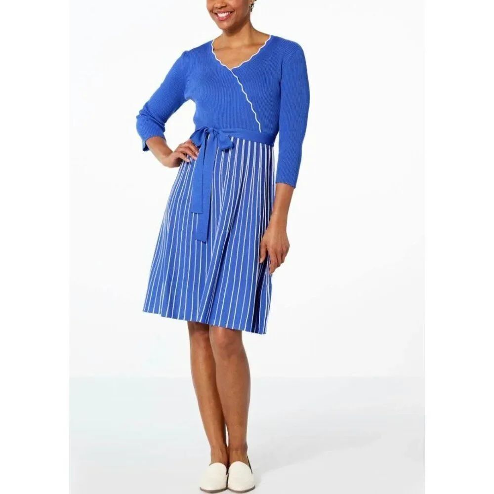 Nina Leonard Women Blue White Ribbed Long Sleeve Sweater Dress with Scallop Deta